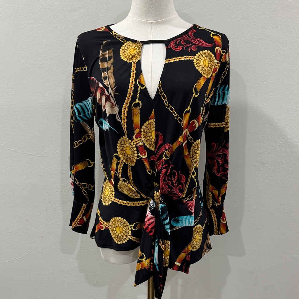 Papaya Black & Gold Chain Print Blouse – Size Large